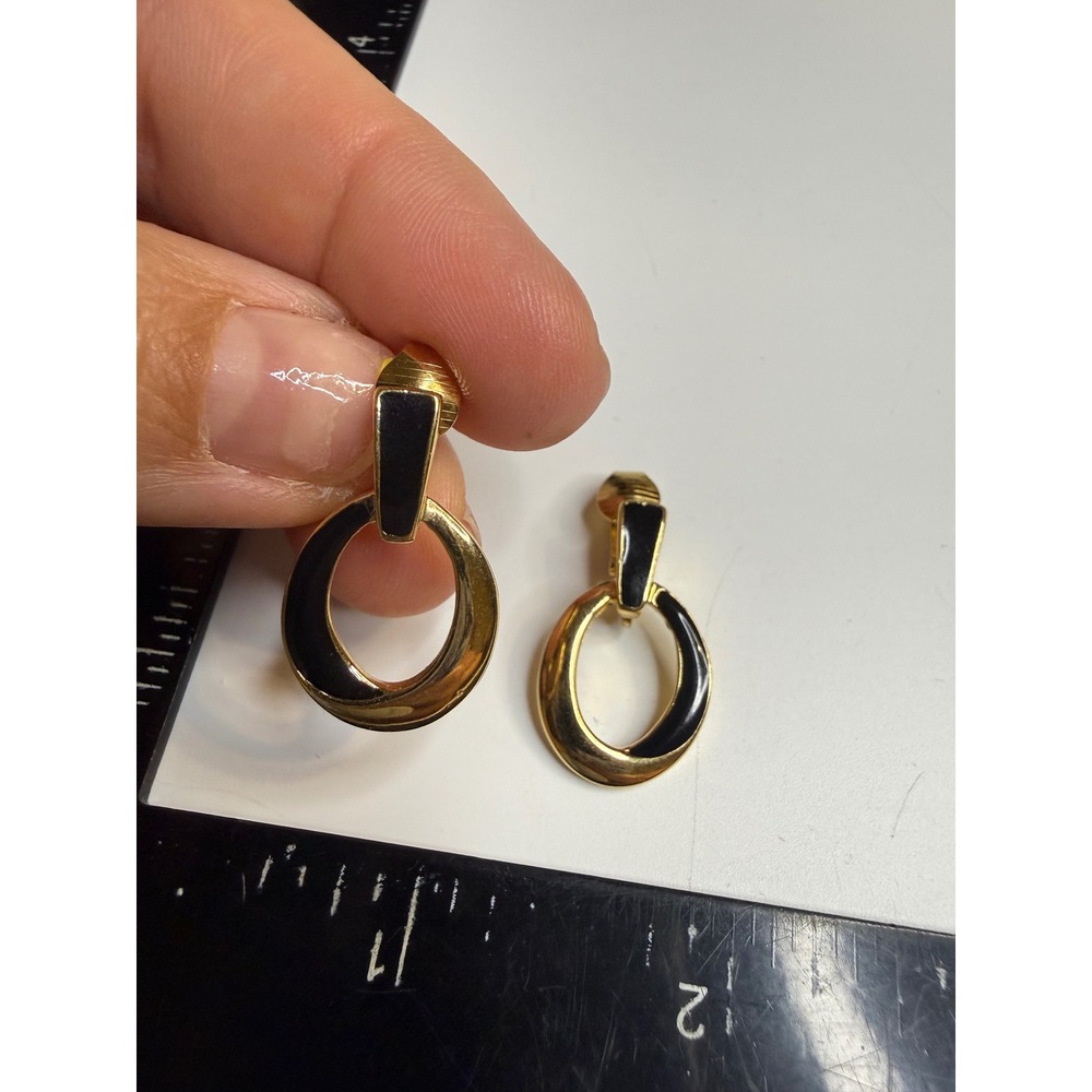 Trifari Gold Tone Black Enamel Door Knocker Clip On Earrings Vintage